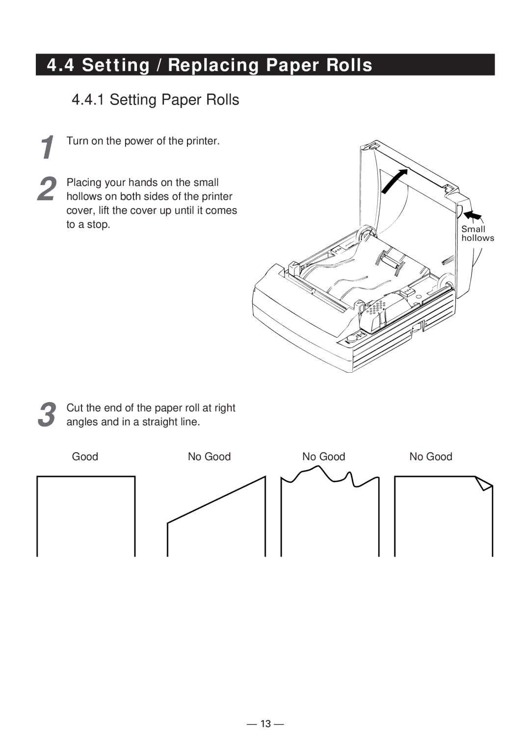 CBM America iDP3240 manual Setting / Replacing Paper Rolls, Setting Paper Rolls, Good No Good 