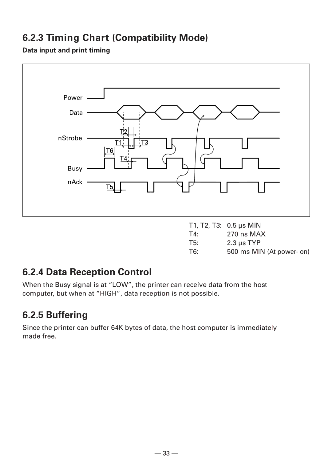 CBM America iDP3240 manual Timing Chart Compatibility Mode, Data Reception Control, Buffering, Data input and print timing 