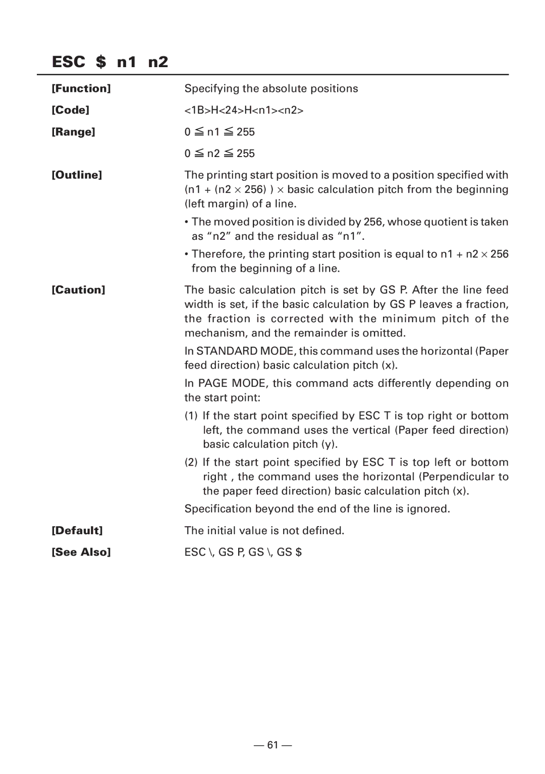 CBM America iDP3240 manual ESC $ n1 n2, Default 