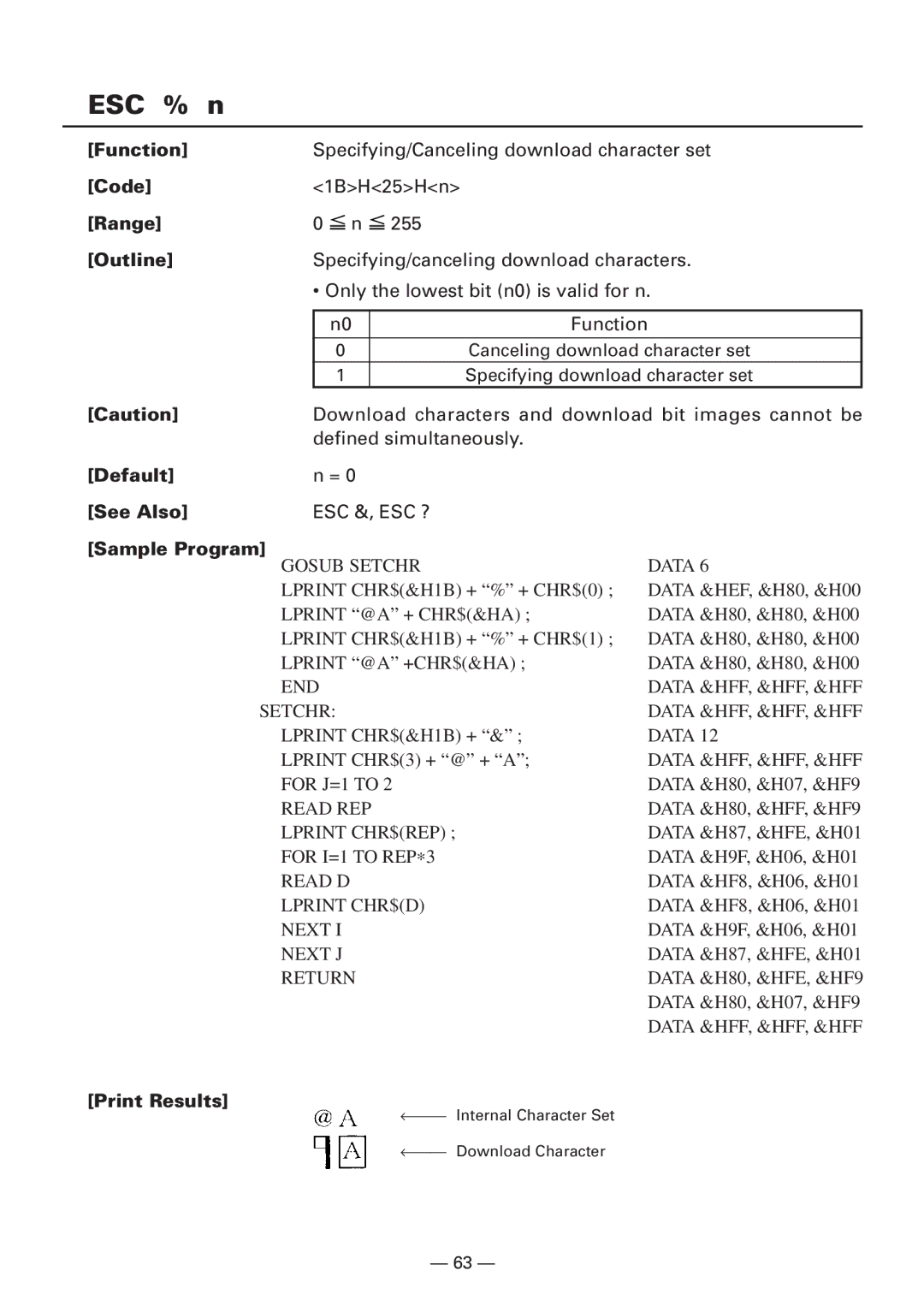 CBM America iDP3240 manual ESC % n, Gosub Setchr 