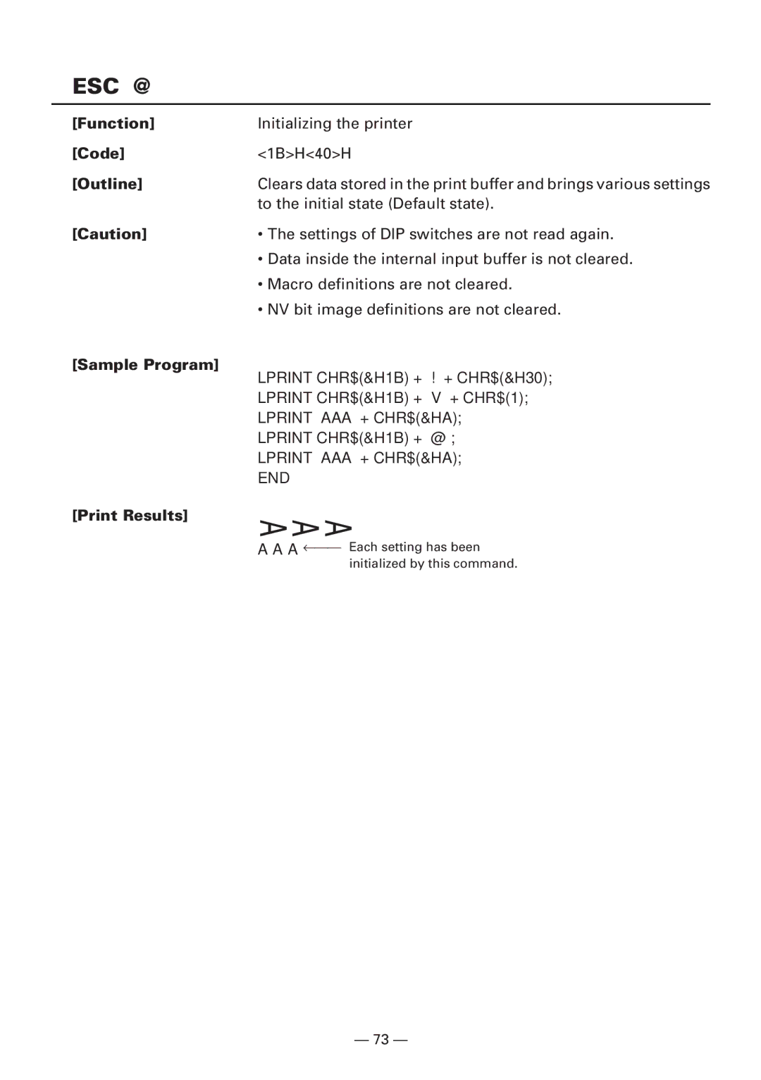 CBM America iDP3240 manual Esc @, Function Code Outline Sample Program Print Results 