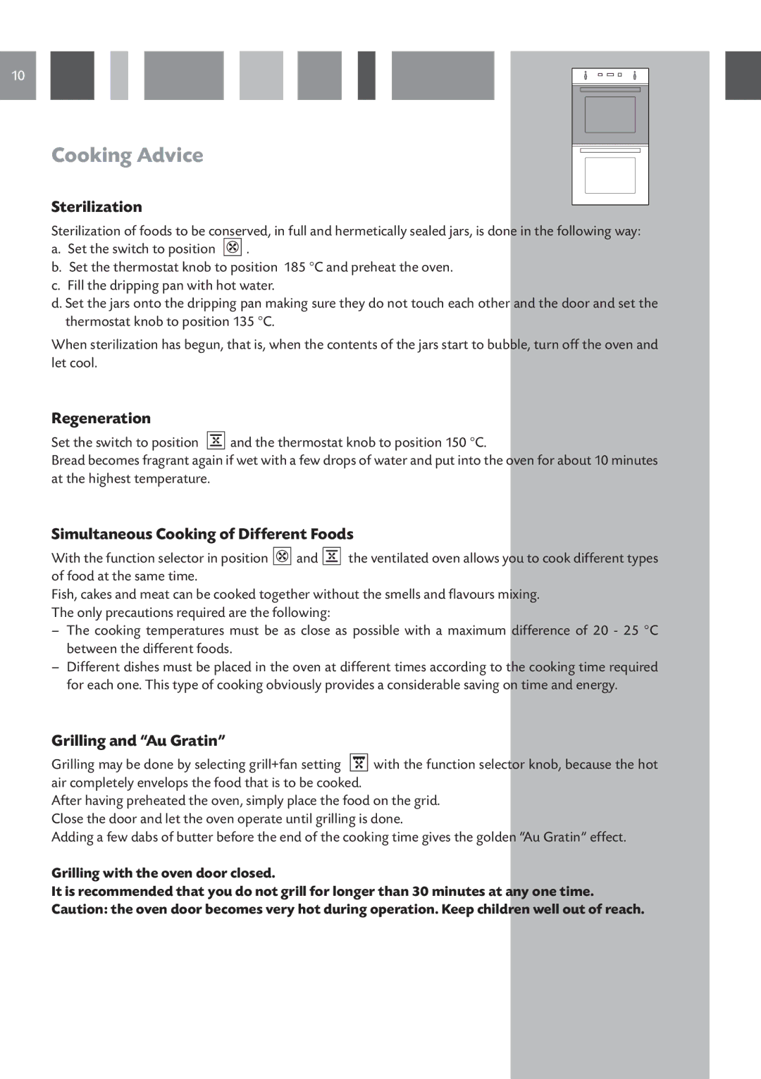 CDA 11Z6 Cooking Advice, Sterilization, Regeneration, Simultaneous Cooking of Different Foods, Grilling and Au Gratin 