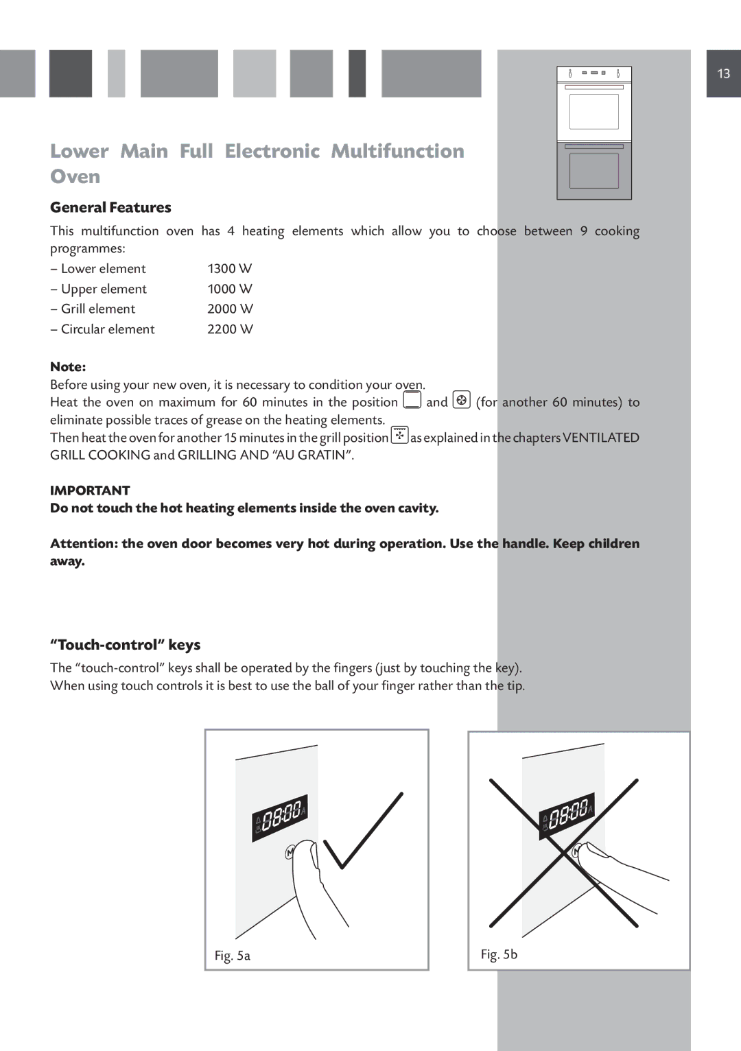 CDA 11Z6 manual Lower Main Full Electronic Multifunction Oven, Touch-control keys 