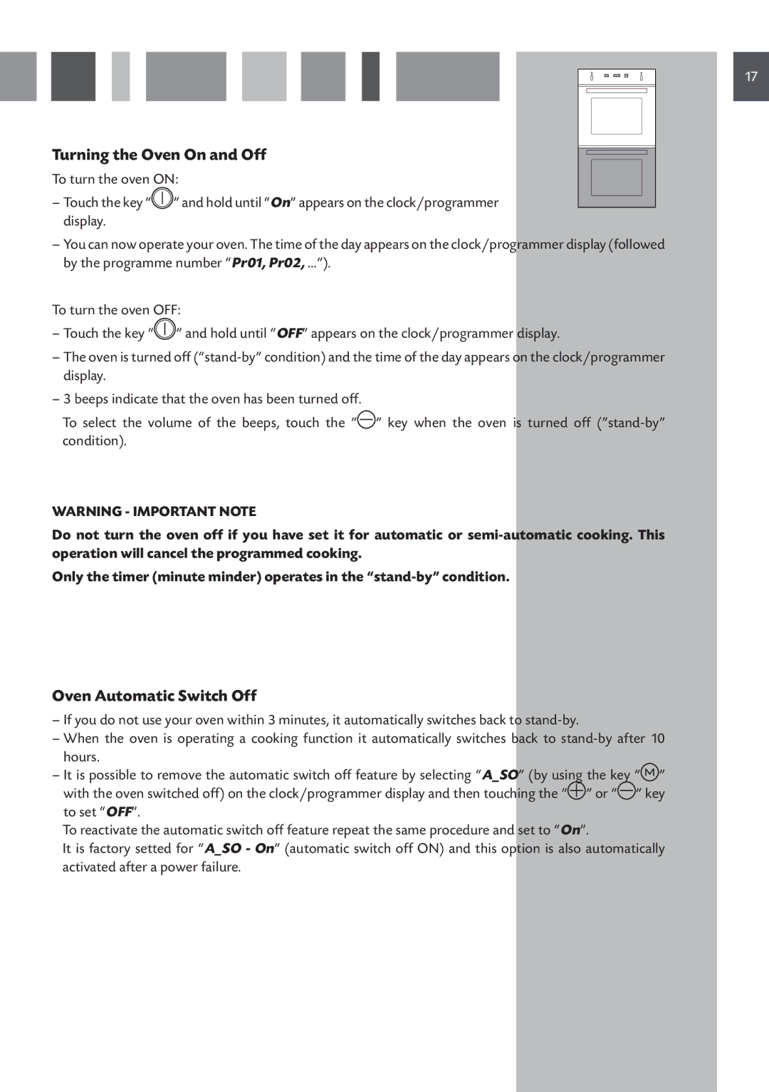 CDA 11Z6 manual Turning the Oven On and Off, Oven Automatic Switch Off 