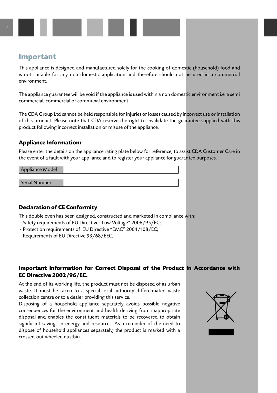 CDA 11Z6 manual Appliance Information, Declaration of CE Conformity 