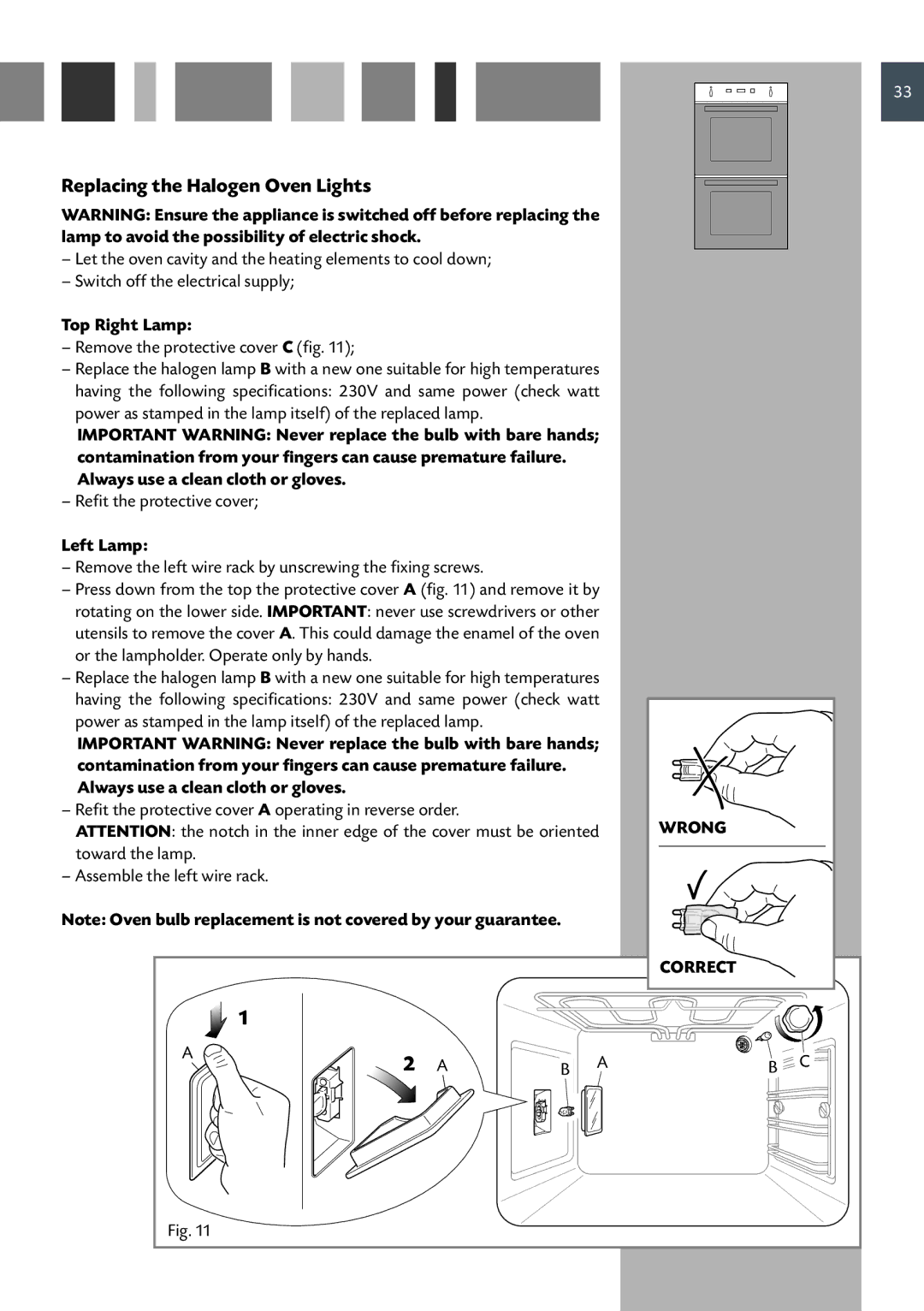 CDA 11Z6 manual Replacing the Halogen Oven Lights, Top Right Lamp, Left Lamp 