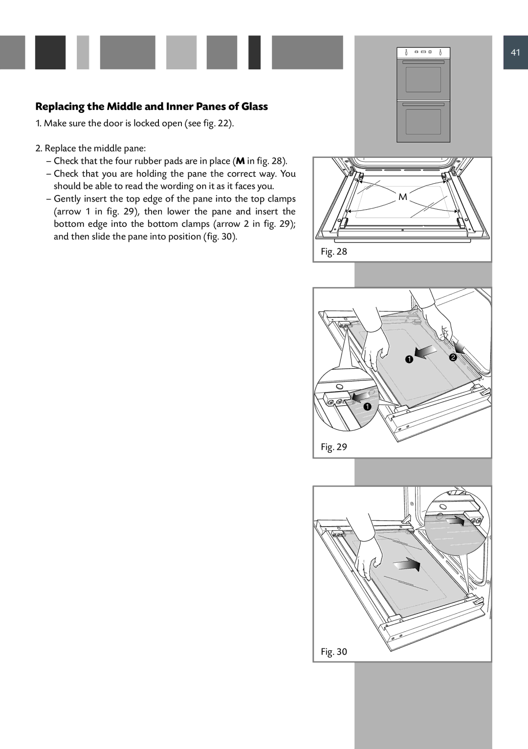 CDA 11Z6 manual Replacing the Middle and Inner Panes of Glass, Check that the four rubber pads are in place M in fig 