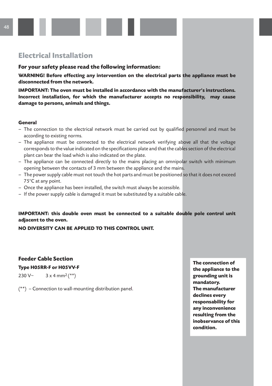 CDA 11Z6 manual Electrical Installation, For your safety please read the following information, Feeder Cable Section 