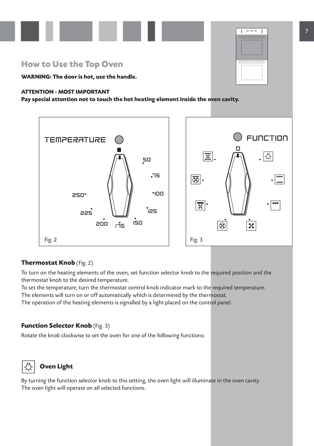 CDA 11Z6 manual How to Use the Top Oven, Thermostat Knob Fig, Function Selector Knob Fig, Oven Light 