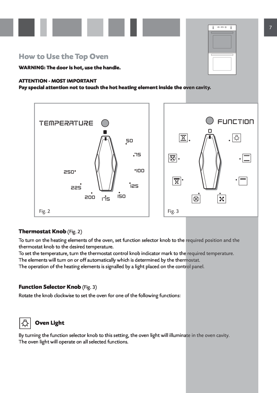CDA 11Z6 manual How to Use the Top Oven, Thermostat Knob Fig, Function Selector Knob Fig, Oven Light 