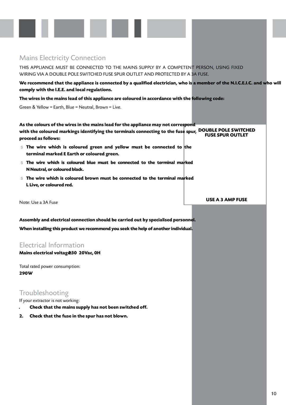 CDA 3L9 manual Mains Electricity Connection, Electrical Information, Troubleshooting 