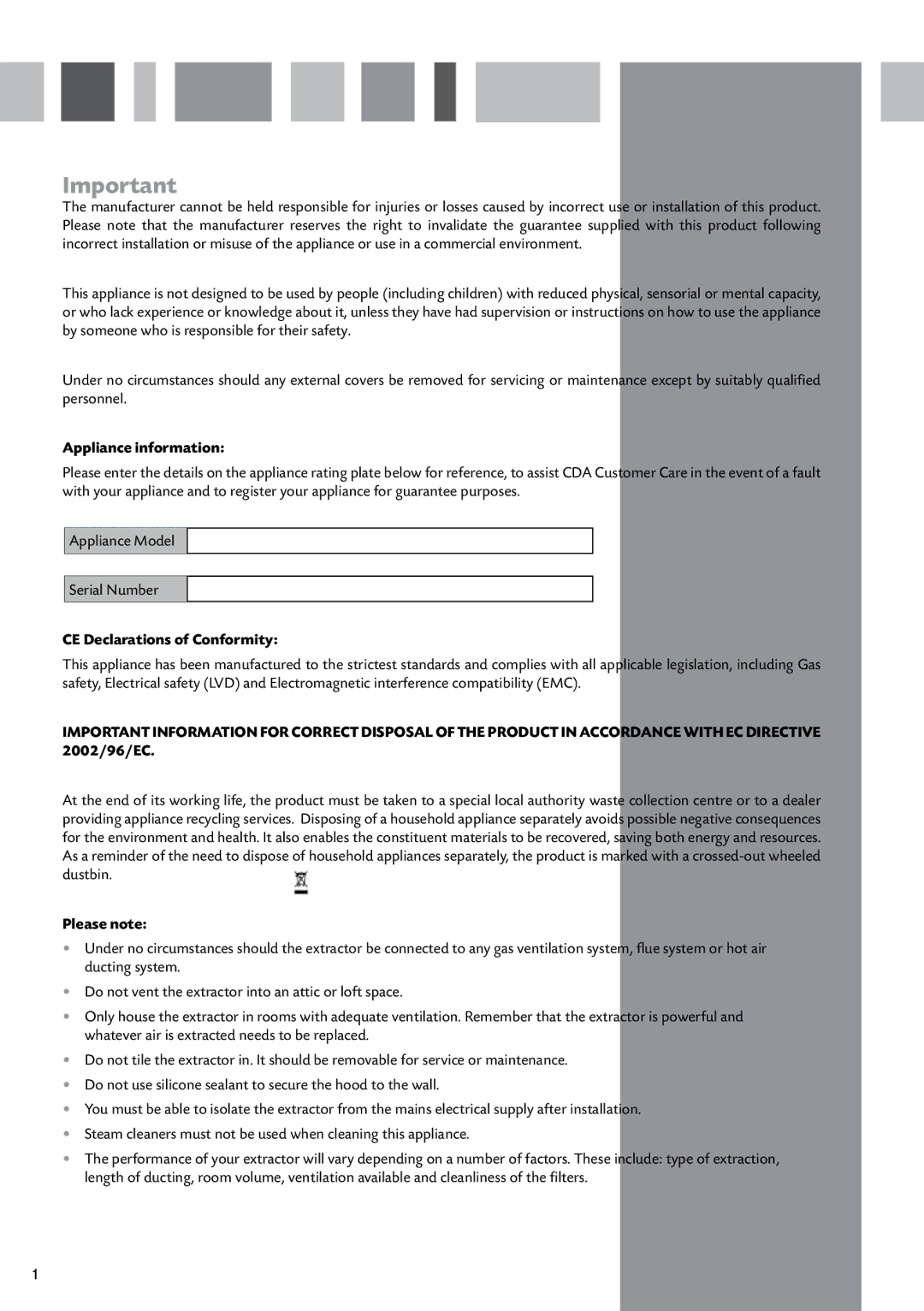 CDA 3L9 manual Appliance information, CE Declarations of Conformity, Please note 