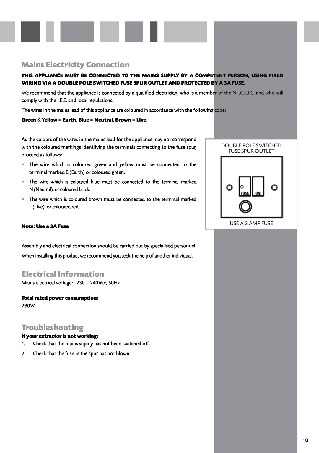CDA 3L9 manual Mains Electricity Connection, Electrical Information, Troubleshooting, Note Use a 3A Fuse 