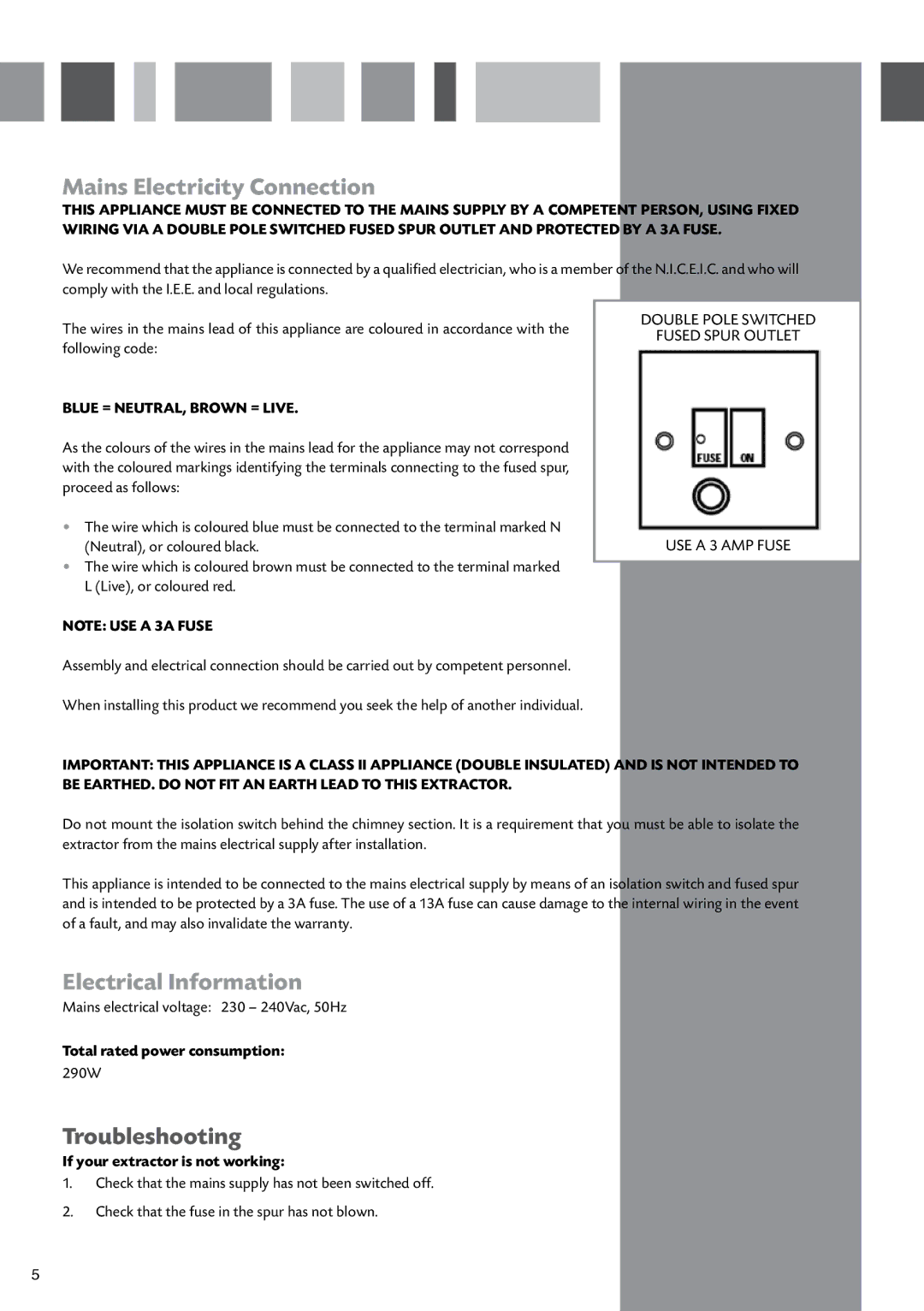 CDA 3Q9 manual Mains Electricity Connection, Electrical Information, Total rated power consumption 