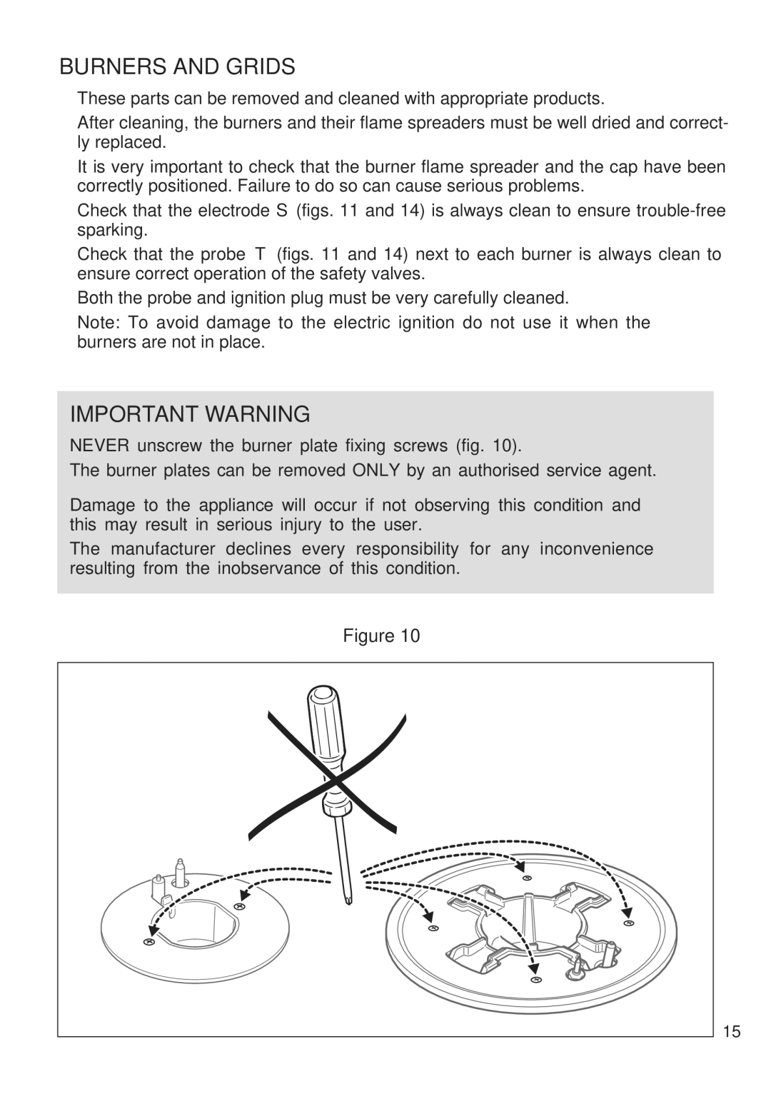 CDA 4Q4 manual Burners and Grids, Important Warning 