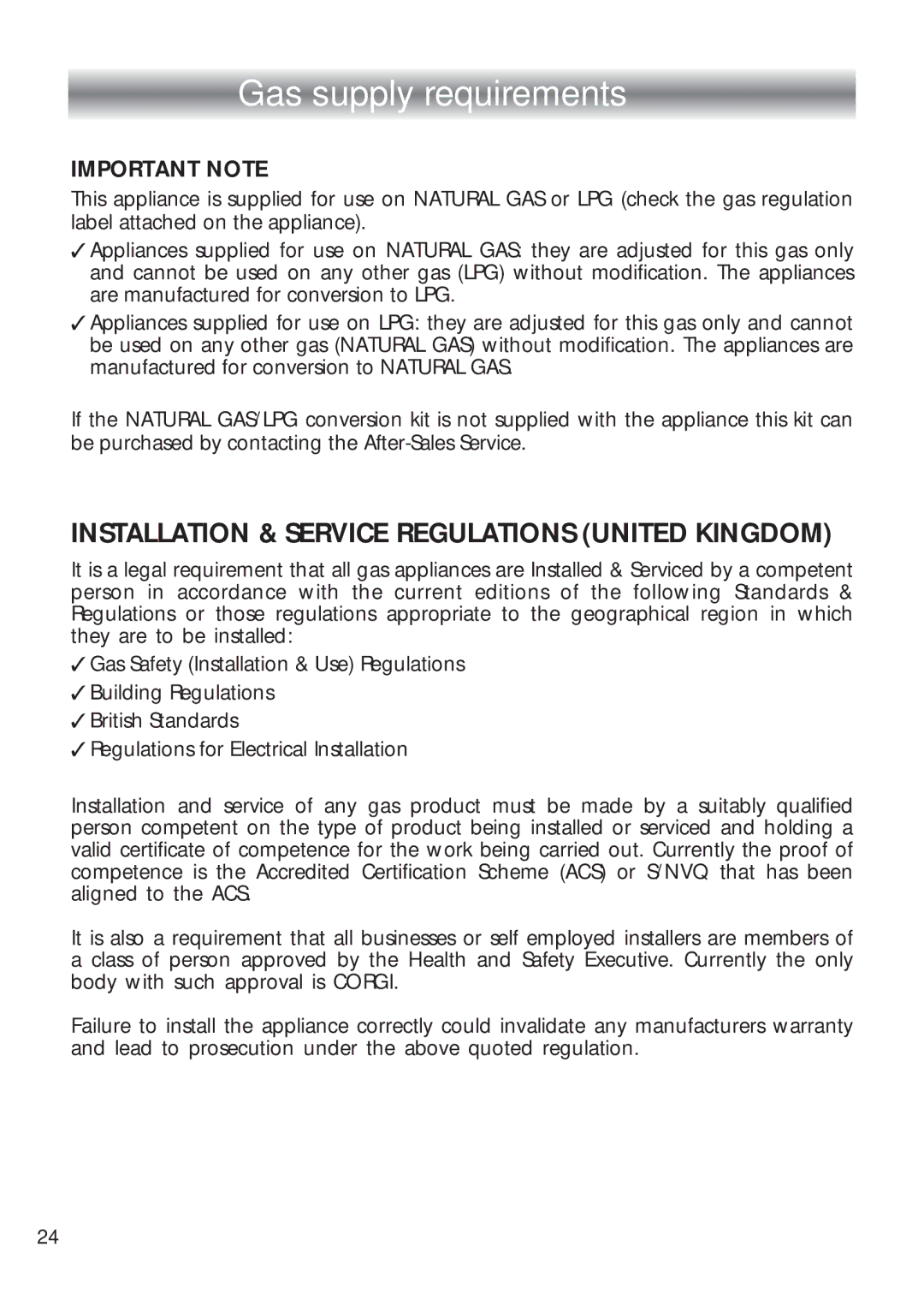 CDA 4Q4 manual Gas supply requirements, Installation & Service Regulations United Kingdom 