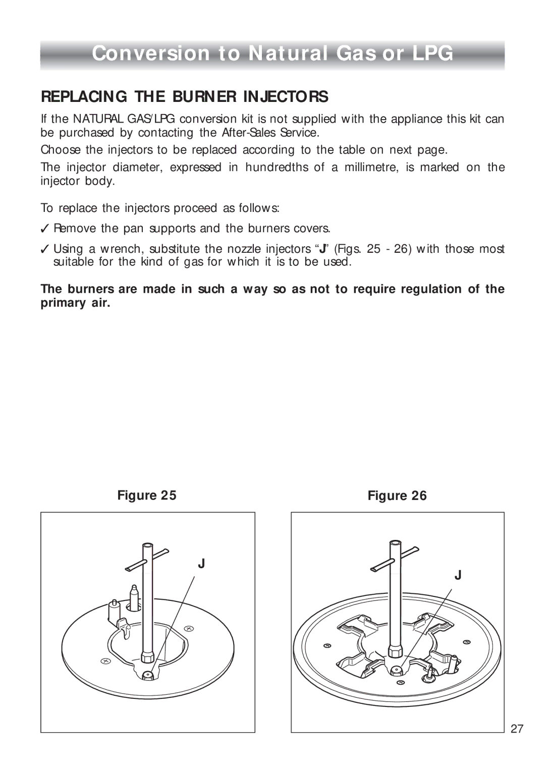 CDA 4Q4 manual Conversion to Natural Gas or LPG, Replacing the Burner Injectors 