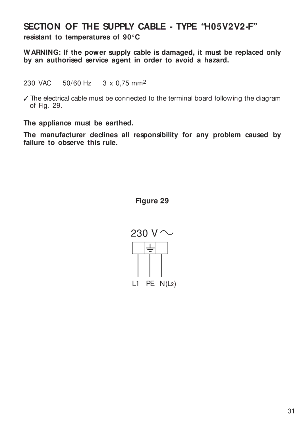 CDA 4Q4 manual Section of the Supply Cable Type H05V2V2-F 