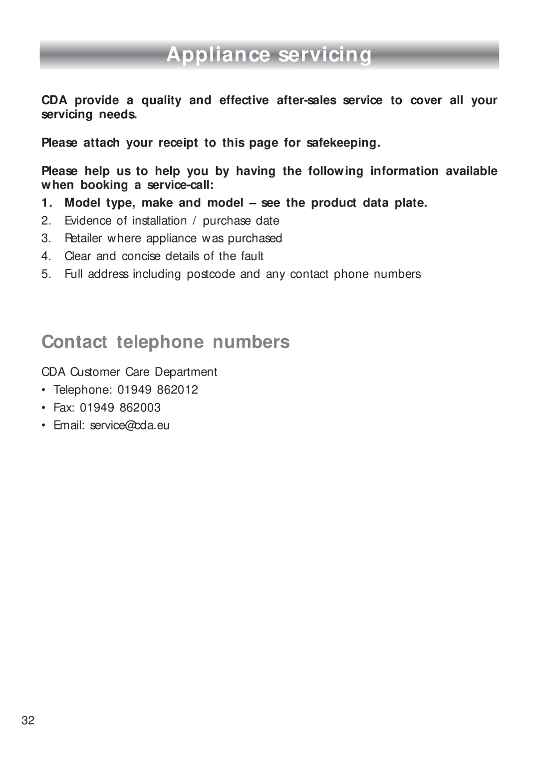 CDA 4Q4 manual Appliance servicing 