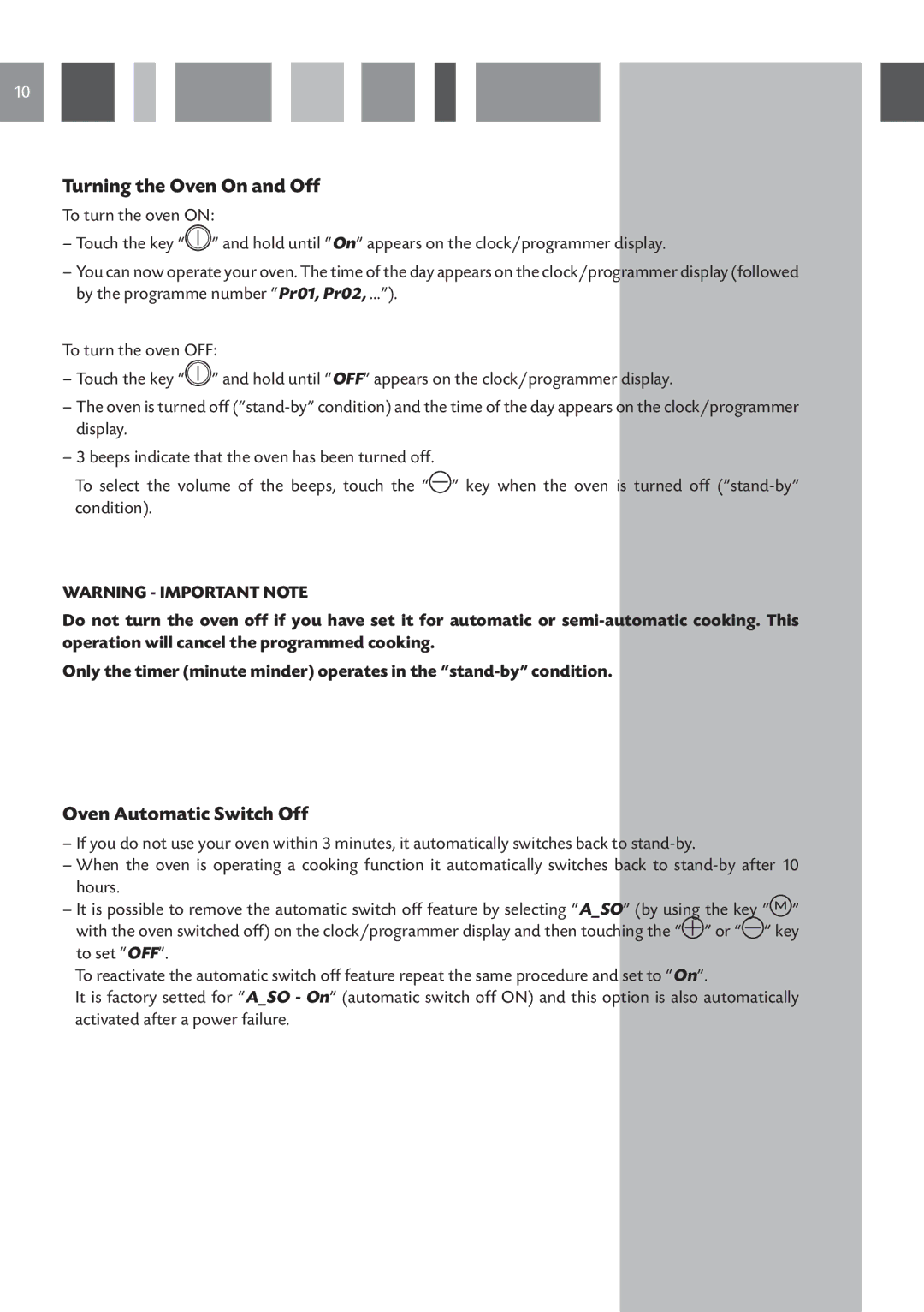 CDA 6V6, 6Z6, 6Q6 manual Turning the Oven On and Off, Oven Automatic Switch Off 