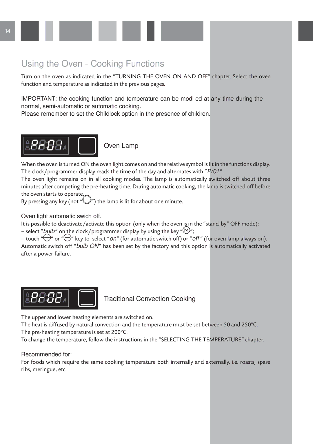 CDA 6Q6, 6Z6 Using the Oven Cooking Functions, Oven Lamp, Traditional Convection Cooking, Oven light automatic swich off 