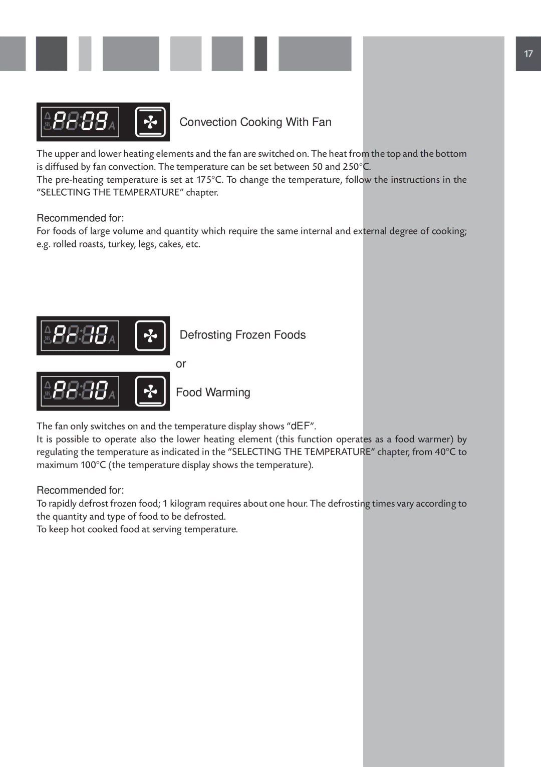 CDA 6Q6, 6Z6, 6V6 manual Convection Cooking With Fan, Defrosting Frozen Foods Food Warming 