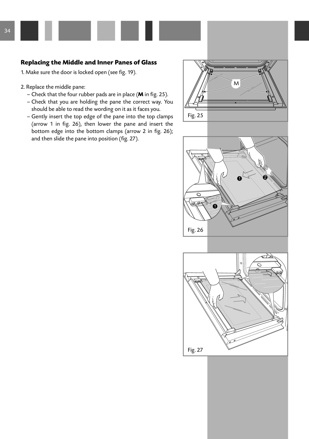 CDA 6V6, 6Z6, 6Q6 manual Replacing the Middle and Inner Panes of Glass, Check that the four rubber pads are in place M in fig 