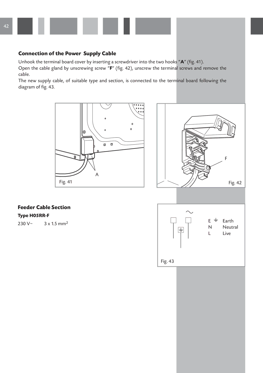 CDA 6Z6, 6V6, 6Q6 manual Connection of the Power Supply Cable, Feeder Cable Section, Type H05RR-F 