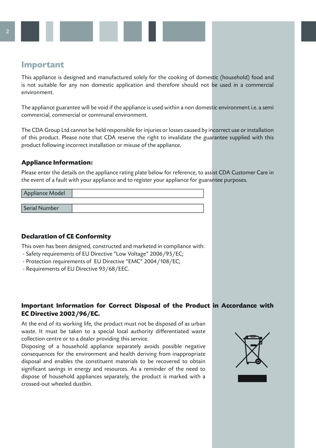 CDA 6Q6, 6Z6, 6V6 manual Appliance Information, Declaration of CE Conformity 