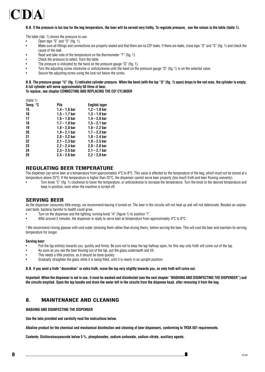 CDA BVB4 manual Regulating Beer Temperature, Serving Beer, Maintenance and Cleaning 