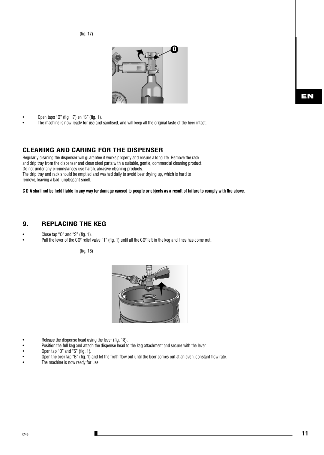 CDA BVB4 manual Cleaning and Caring for the Dispenser, Replacing the KEG 