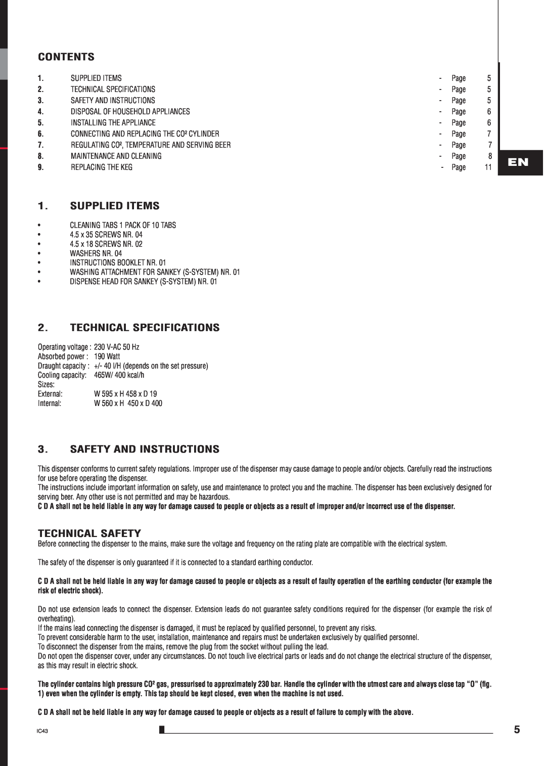 CDA BVB4 manual Contents, Supplied Items, Technical Specifications, Safety And Instructions, Technical Safety 
