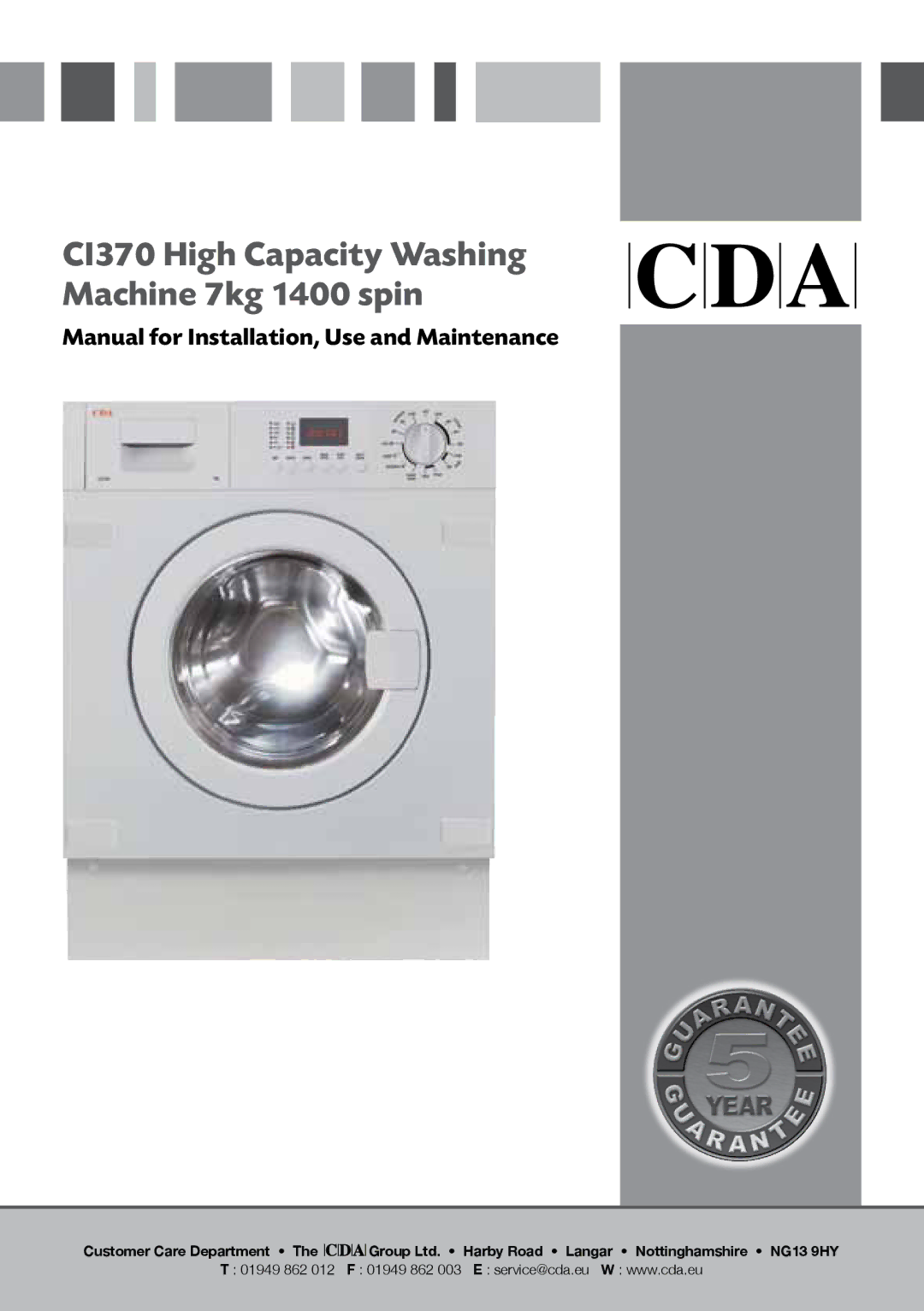 CDA C1370 manual CI370 High Capacity Washing Machine 7kg 1400 spin 