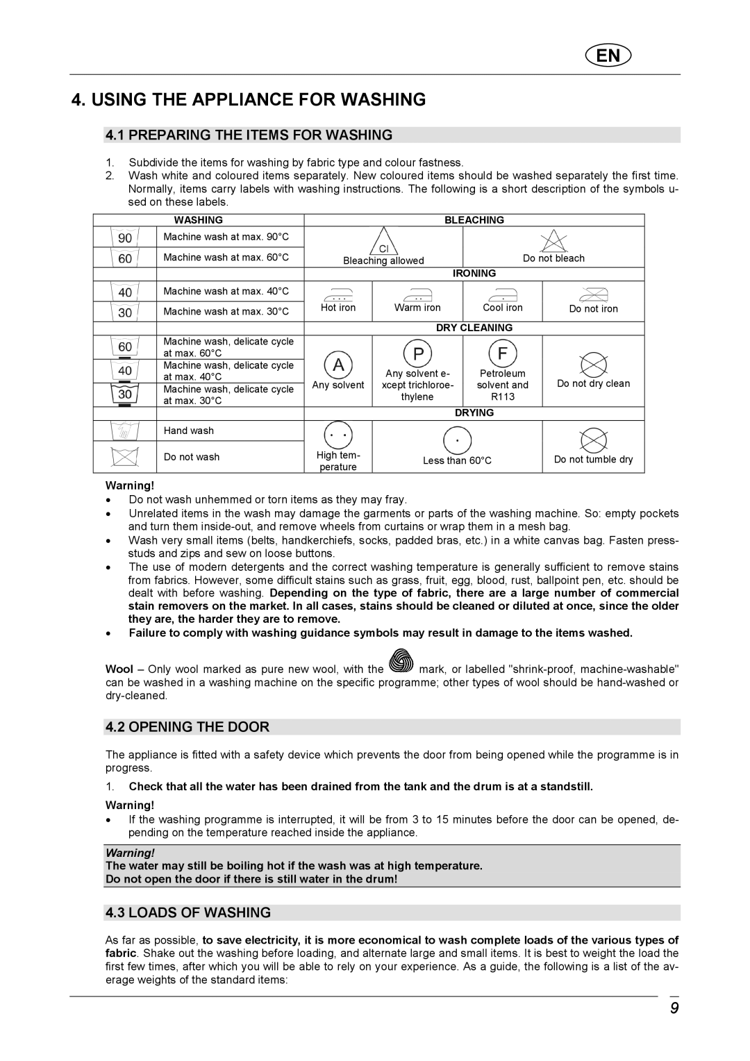 CDA C1370 manual Using the Appliance for Washing, Preparing the Items for Washing, Opening the Door, Loads of Washing 