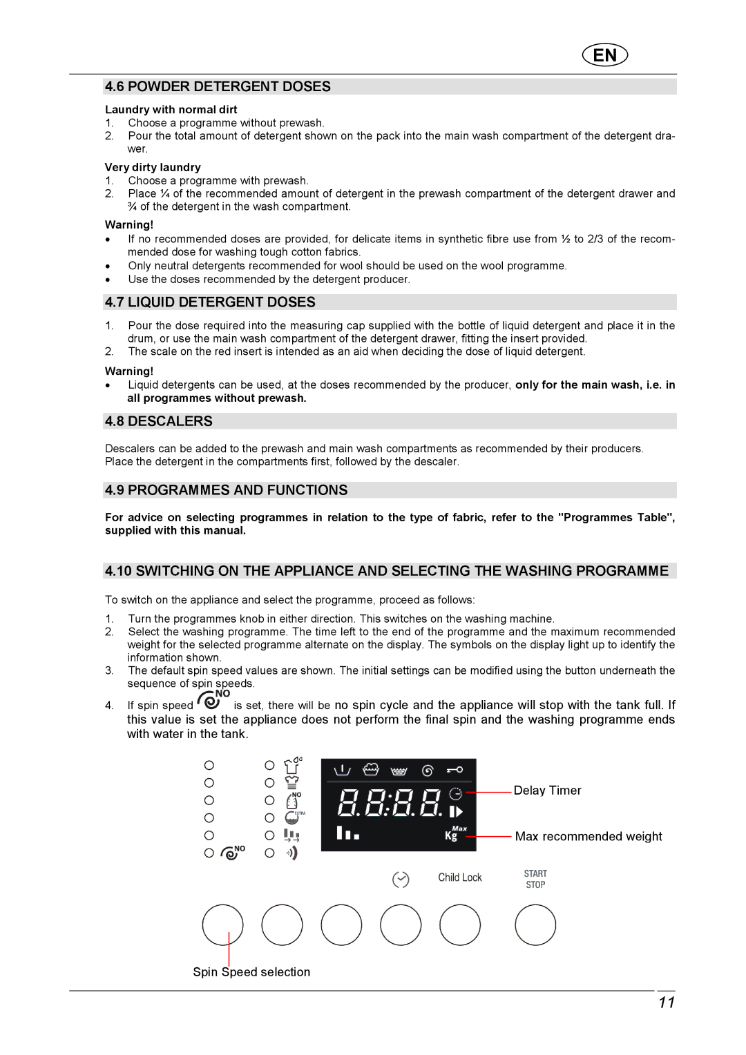 CDA C1370 manual Powder Detergent Doses, Liquid Detergent Doses, Descalers, Programmes and Functions 