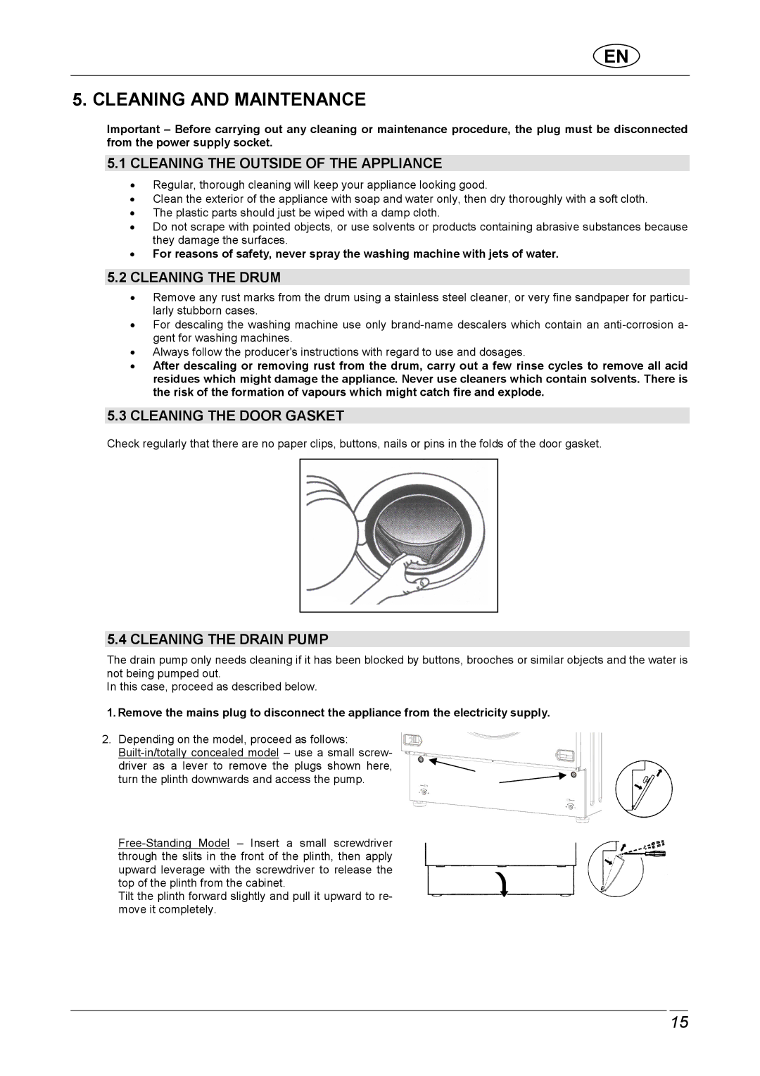 CDA C1370 Cleaning and Maintenance, Cleaning the Outside of the Appliance, Cleaning the Drum, Cleaning the Door Gasket 