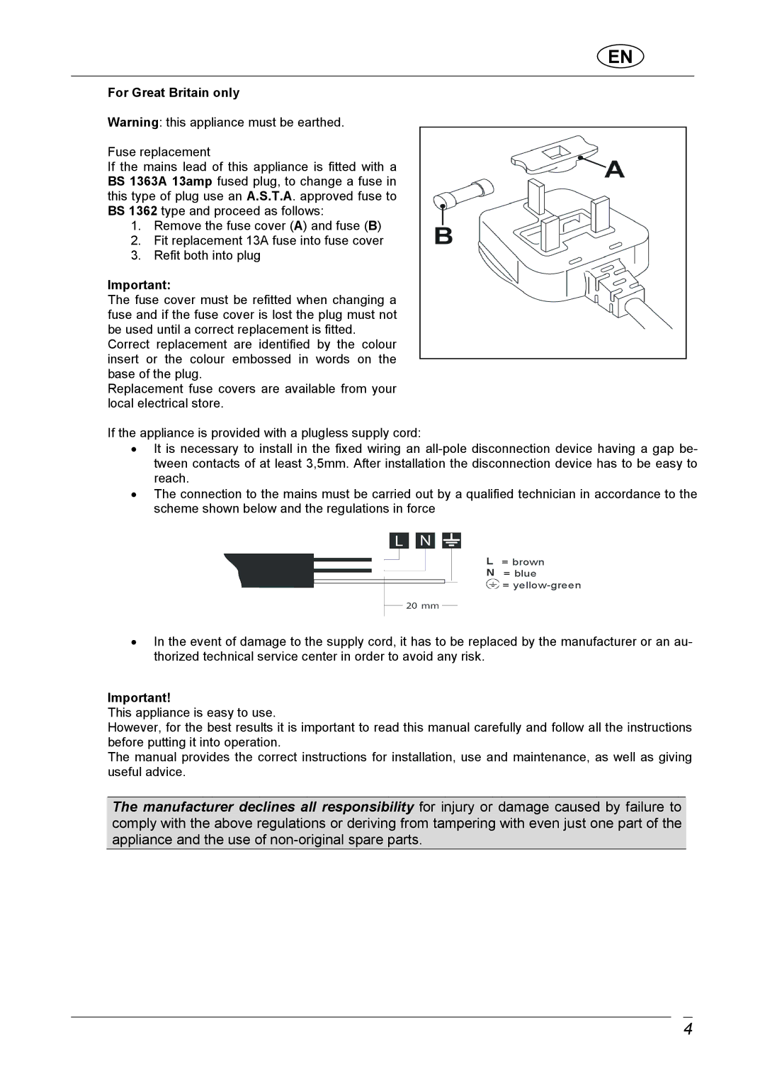 CDA C1370 manual = brown N = blue = yellow-green 