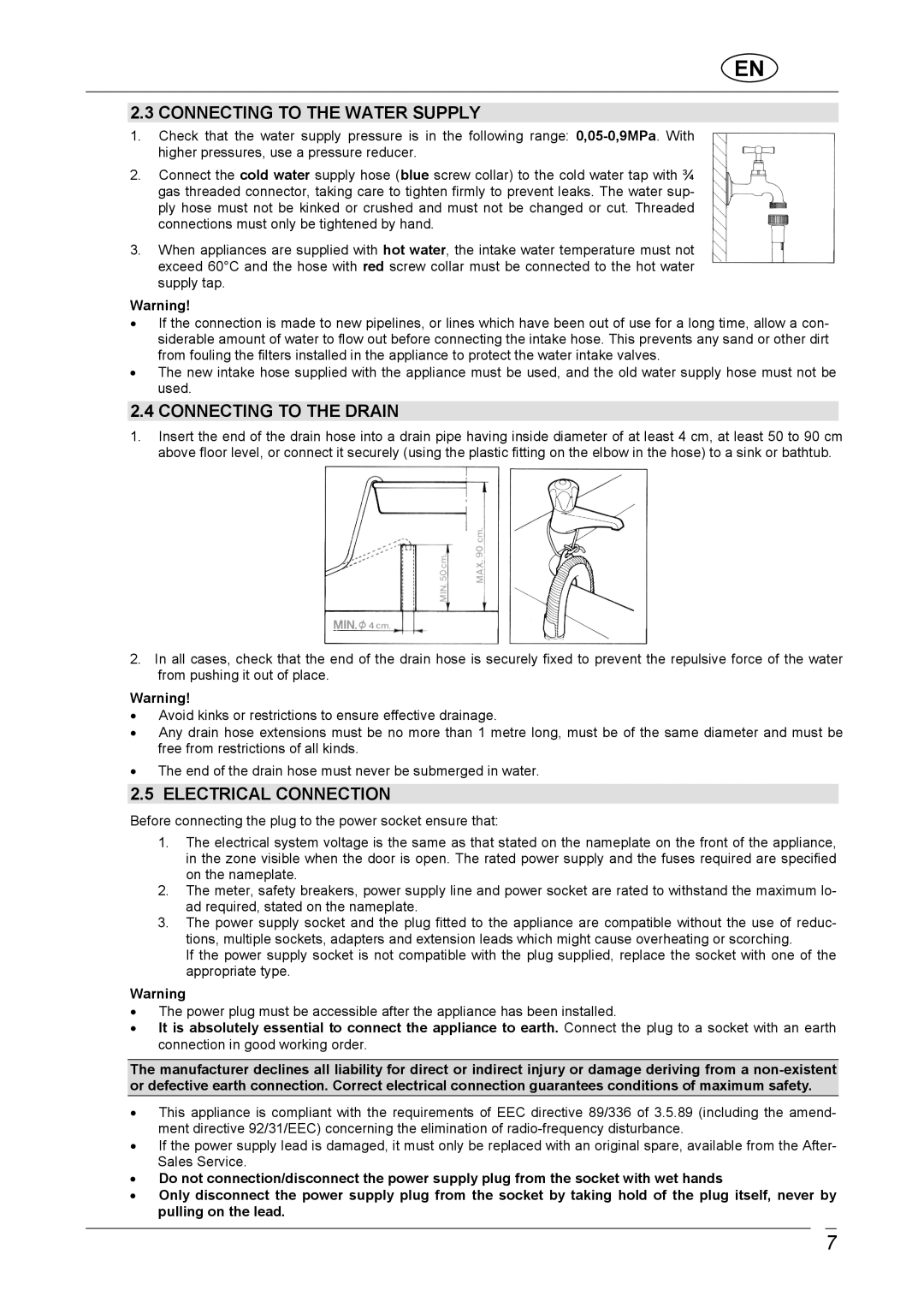 CDA C1370 manual Connecting to the Water Supply, Connecting to the Drain, Electrical Connection 