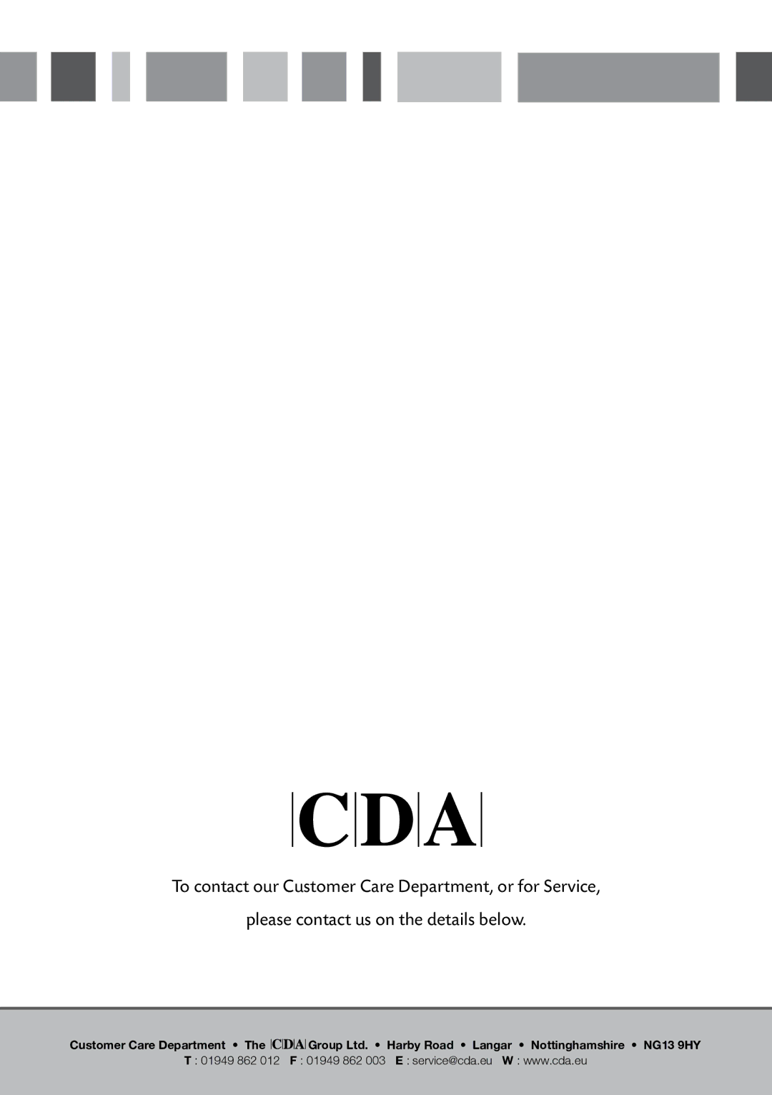 CDA CCA5/7 manual Customer Care Department 01949 862 