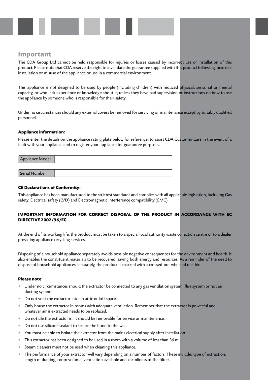 CDA CCA5/7 manual Appliance information, CE Declarations of Conformity, Please note 