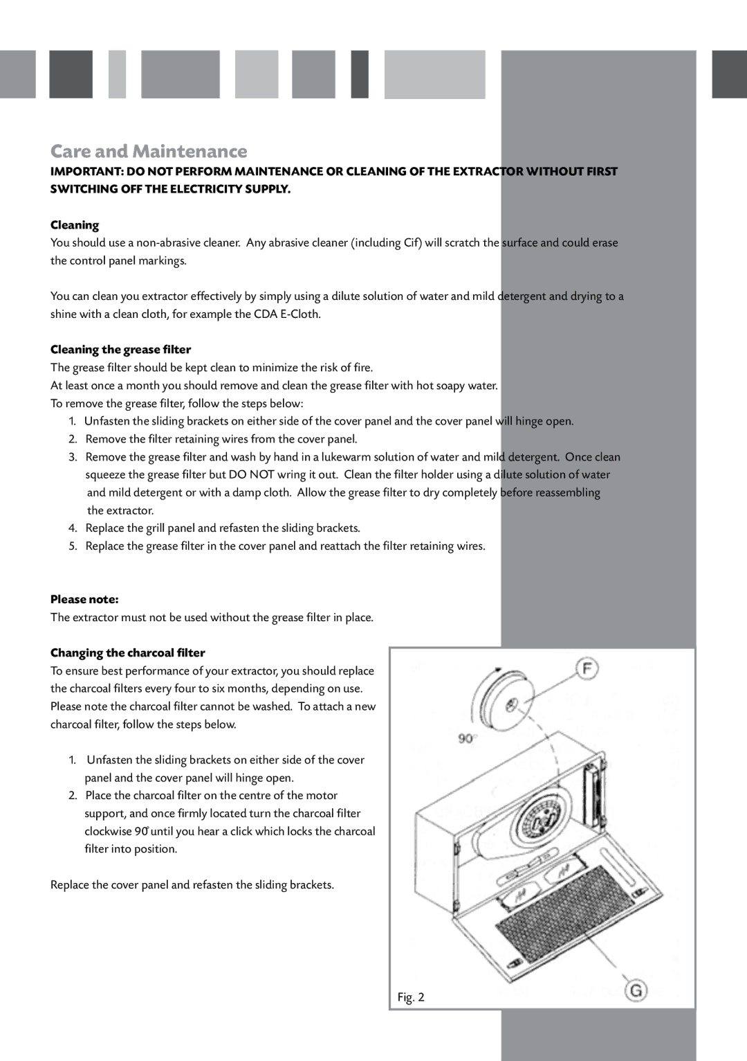 CDA CCA5/7 manual Care and Maintenance, Cleaning the grease filter, Changing the charcoal filter 