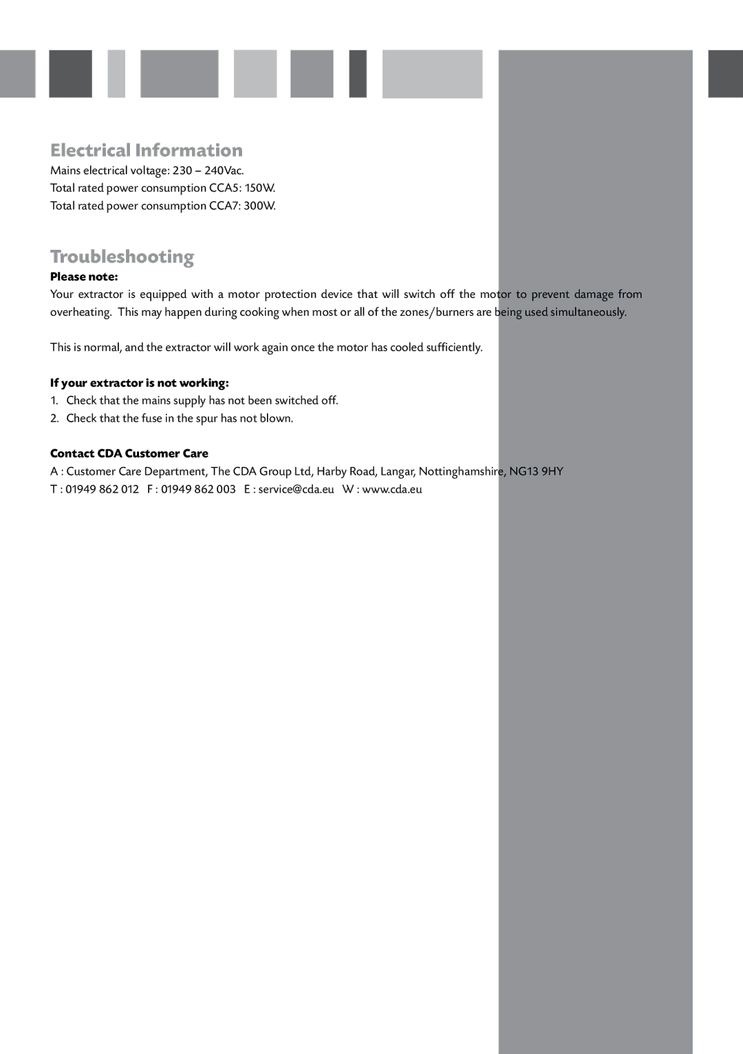 CDA CCA5/7 manual Electrical Information, Troubleshooting, If your extractor is not working, Contact CDA Customer Care 