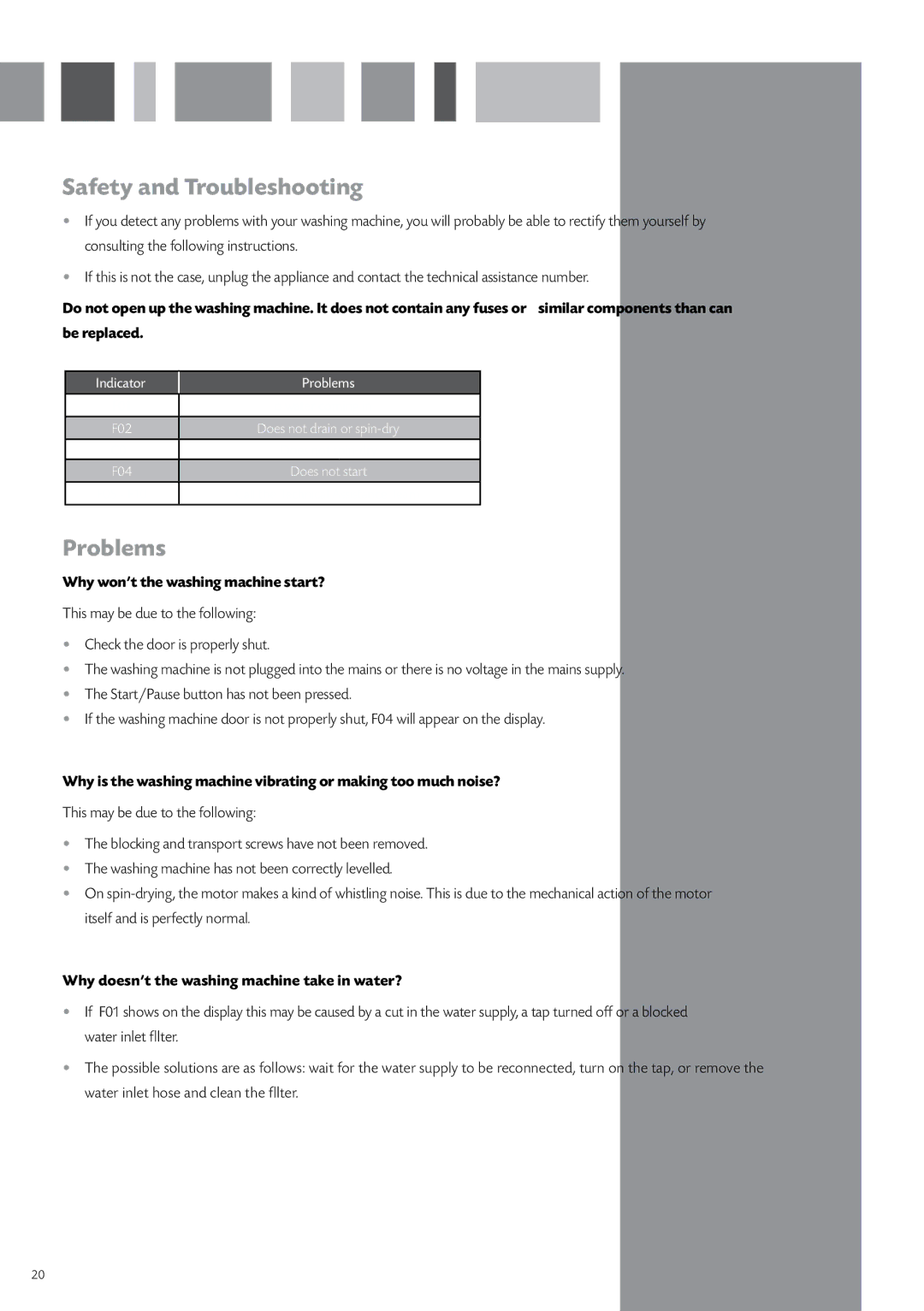 CDA CI240 manual Safety and Troubleshooting, Problems, Why won’t the washing machine start? 