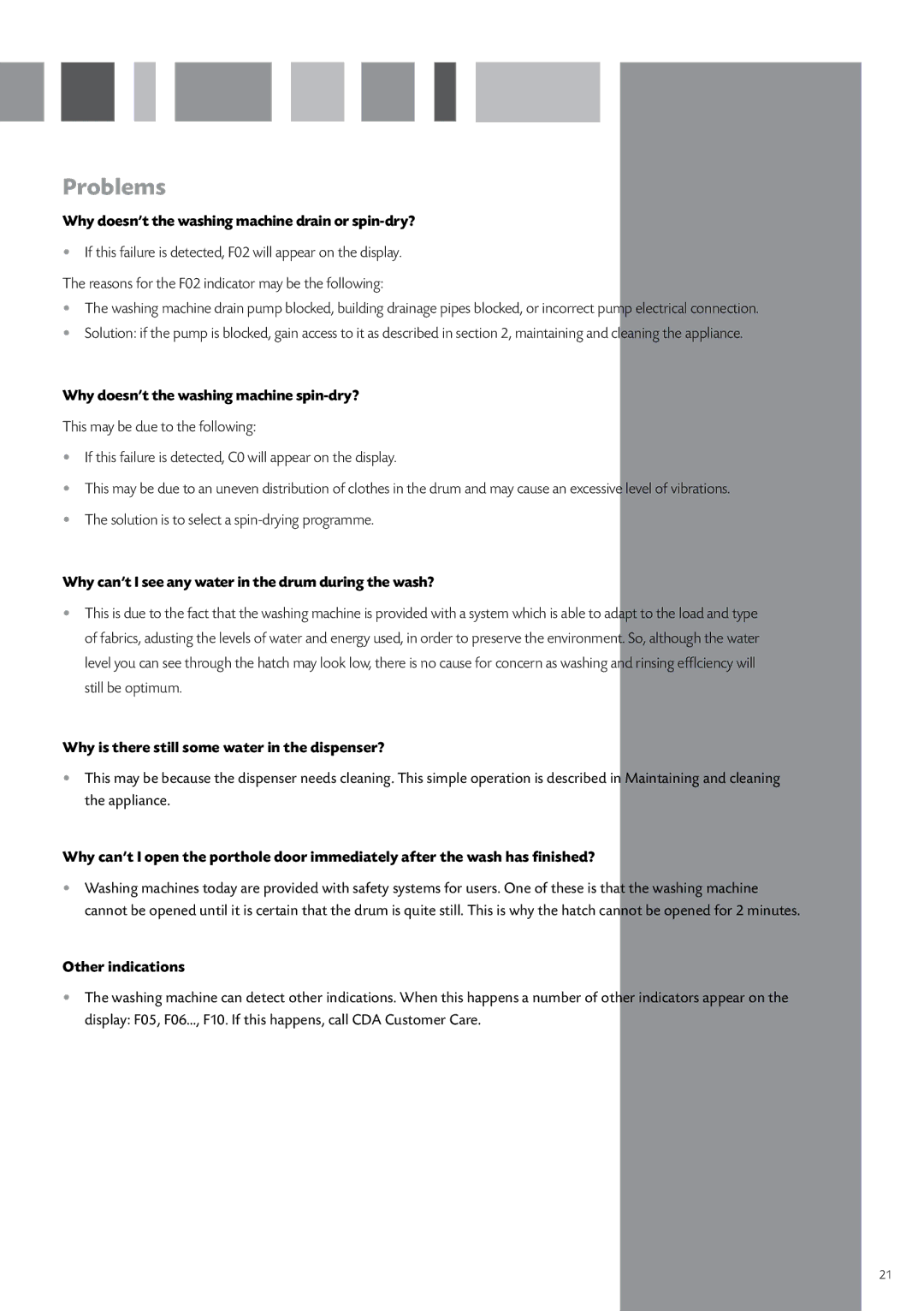 CDA CI240 Why doesn’t the washing machine drain or spin-dry?, Why doesn’t the washing machine spin-dry?, Other indications 