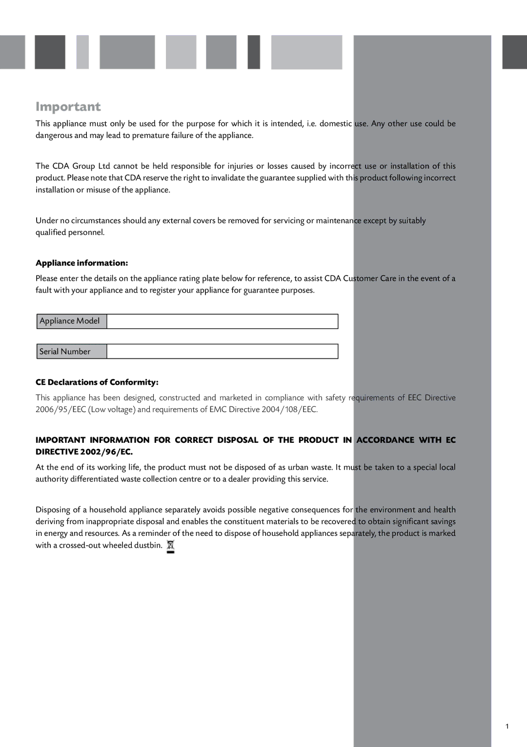 CDA CI240 manual Appliance information, CE Declarations of Conformity 