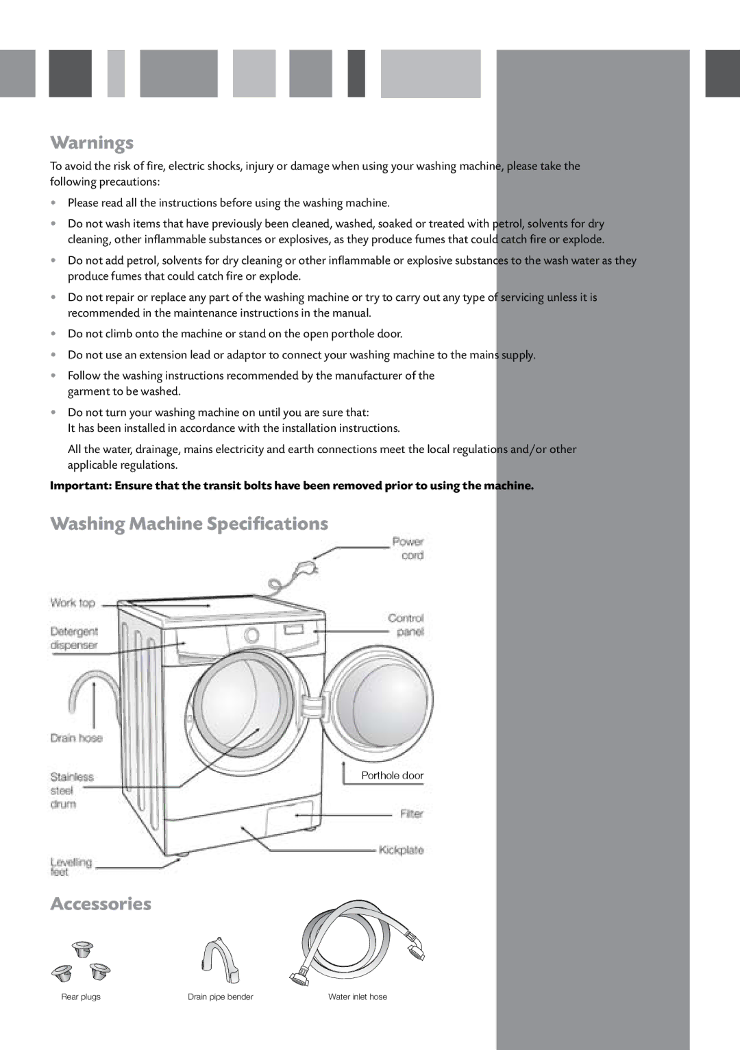 CDA CI240 manual Washing Machine Specifications, Accessories 