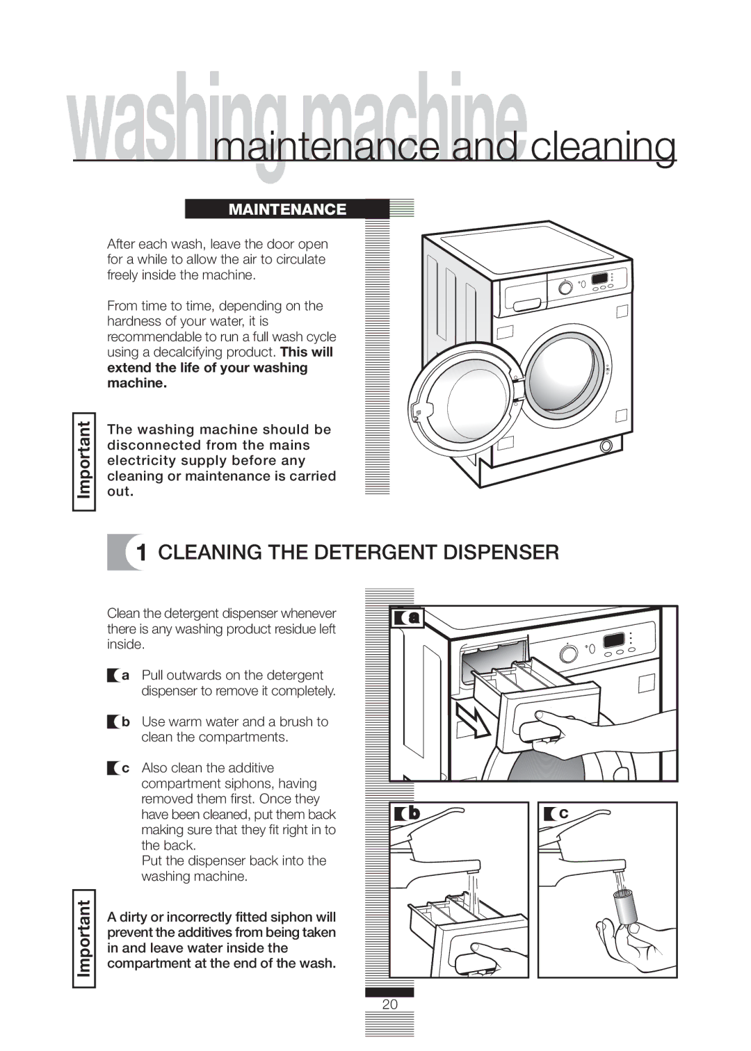 CDA CI330, CI830, CI230, CI930 manual Cleaning the Detergent Dispenser, Maintenance 