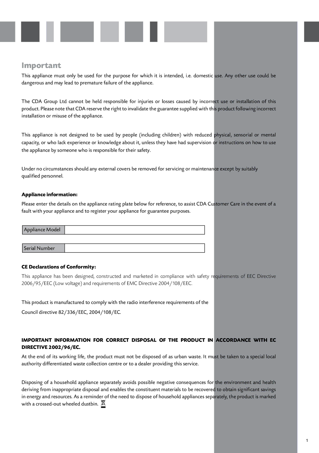 CDA CI521 manual Appliance information 