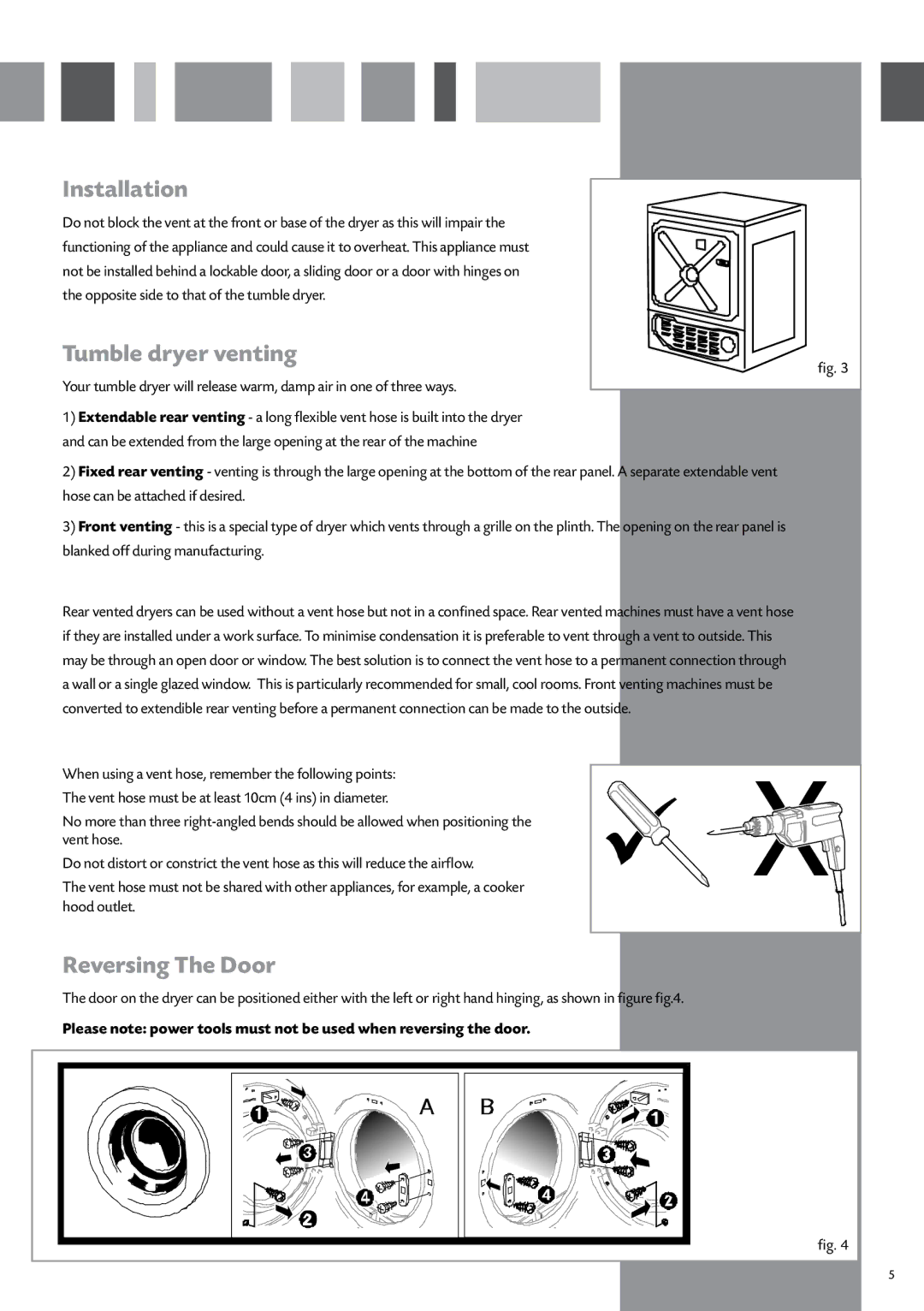 CDA CI521 manual Installation, Tumble dryer venting, Reversing The Door 