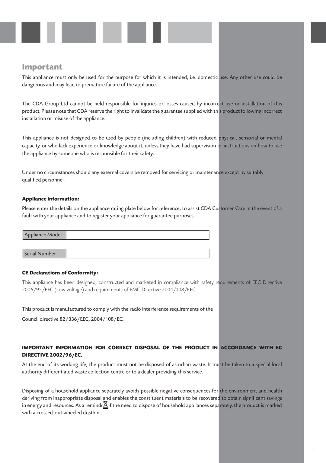 CDA CI920 manual Appliance information 